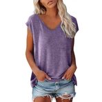 Kanpola Top kadın şık V yaka tişört kolsuz tunik bluz tişört tek renkli sweatshirt yazlık tişört basic gömlek tişört üst giyim genç kız spor tişört bol kesim bluz üst giyim plaj modası, Lila #1., XXL
