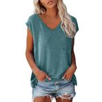 Kanpola Top kadın şık V yaka tişört kolsuz tunik bluz tişört tek renkli sweatshirt yazlık tişört basic gömlek tişört üst giyim genç kız spor tişört bol kesim bluz üst giyim plaj modası, Mavi #1., M