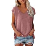 Kanpola Top kadın şık V yaka tişört kolsuz tunik bluz tişört tek renkli sweatshirt yazlık tişört basic gömlek tişört üst giyim genç kız spor tişört bol kesim bluz üst giyim plaj modası, Pembe #1, L