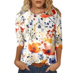 Kanpola üst giyim, kadın, yazlık tişört, 3/4 kollu, tunik bluz, tişört, 3D baskılı, genç kız spor tişörtü, gündelik, bol kesim, kadın bluzu, şık yazlık tişört, yazlık üst, 5 turuncu, S