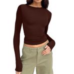 Kanpola uzun kollu tişört, dar kesim, Y2K üst giyim, uzun kollu tişört, yuvarlak yaka, kırpılmış tişört, tek renkli, basic Crop Tops gündelik, atletik üst, genç, sokak giyimi, Kahverengi, L