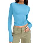 Kanpola uzun kollu tişört, dar kesim, Y2K üst giyim, uzun kollu tişört, yuvarlak yaka, kırpılmış tişört, tek renkli, basic Crop Tops gündelik, atletik üst, genç, sokak giyimi, Mavi, M