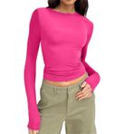 Kanpola uzun kollu tişört, dar kesim, Y2K üst giyim, uzun kollu tişört, yuvarlak yaka, kırpılmış tişört, tek renkli, basic Crop Tops gündelik, atletik üst, genç, sokak giyimi, sıcak gül rengi, XS