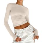 Kanpola uzun kollu tişört, kadın spor sweatshirt, ilkbahar, yaz, yuvarlak yaka, bluz, dar kesim, Crop Tops basic tişört, tunik, gömlek, gündelik, bluz, sokak giyimi, Bej, L