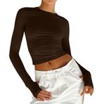 Kanpola uzun kollu tişört, kadın spor sweatshirt, ilkbahar, yaz, yuvarlak yaka, bluz, dar kesim, Crop Tops basic tişört, tunik, gömlek, gündelik, bluz, sokak giyimi, Kahverengi, XS