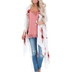 Kanpola Yazlık Kimono Ceket Kadın Uzun Büyük Beden Çiçek Baskılı Hırka Şeffaf Şifon Bluz 3/4 Kol, Beyaz, 40