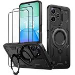 KANSi Xiaomi Redmi 13 / Redmi 12 / Poco M6 4G için Temperli Cam*2 için Kılıf, Akıllı Telefon Koruma Kılıfı Dönen Halka - Darbeye Dayanıklı Tampon Siyah