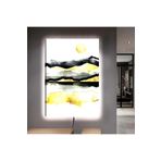 Kanvas Beyaz Arka Planli Altin Siyah Kolaj Çizim Dağlar Ve Güneş Ledli Tablo 50 X 70