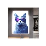 Kanvas Beyaz Arka Planli Gözlüklü Tarz Kedi Ledli Tablo 50 X 70