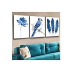 Kanvas Beyaz Arka Planli Mavi Ve Beyaz Kuş Ve Kuştüyü Üçlü Tablo Seti 90 X 60
