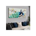 Kanvas Mor Çiçekli Mavi Tavus Kuşu Yatay Tablo 120 X 60