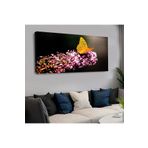 Kanvas Pembe Çiçek Üstünde Sari Kelebek Yatay Tablo 120 X 60