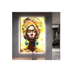 Kanvas Sari Ve Beyaz Arka Planli Renkli Kolaj Çizim Afrikali Kadin Ledli Tablo 90 X 60