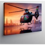 Kanvas Tablo Gece Şehirde Helikopter Uçuşu 100cmx140cm