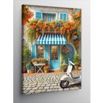 Kanvas Tablo Mavi Kapılı Renkli Ev Ve Vespa