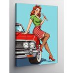 Kanvas Tablo Retro Kadın Ve Kırmızı Araba, 50 x 70