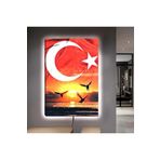 Kanvas Türk Bayraği Arka Planli Gün Batimi Ve Kuşlar Ledli Tablo 90 X 60