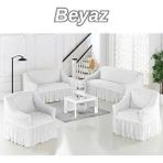 Kanway 3+2+1+1 Bürümcük Koltuk Takımı Örtüsü. Etekli Streç Esnek Lastikli Çekyat Kanepe Kılıfı - 180 x 230 cm - Beyaz