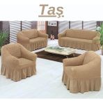 Kanway 3+2+1+1 Bürümcük Koltuk Takımı Örtüsü. Etekli Streç Esnek Lastikli Çekyat Kanepe Kılıfı - 180 x 230 cm - Taş Rengi