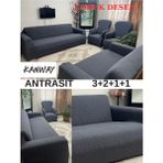 Kanway 3+2+1+1 Dokuma Jakar Koltuk Örtüsü. Lastikli, Esnek, Yıkanabilir Koltuk, Kanepe, Çekyat Örtüsü - 180 x 230 cm - Antrasit