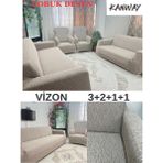Kanway 3+2+1+1 Dokuma Jakar Koltuk Örtüsü. Lastikli, Esnek, Yıkanabilir Koltuk, Kanepe, Çekyat Örtüsü - 180 x 230 cm - Vizon
