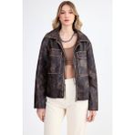 Kapak Cepli Suni Deri Biker Ceket - Kahve - M