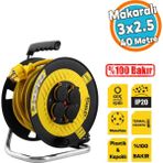 Kapaklı Plastik Makaralı Seyyar %100 Bakır Kablo 4 Prizli 40 Metre Uzatma Kablosu 3x2.5 mm H05VV-F - Sarı - Siyah