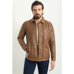 Kapitone Kamel Rengi Slim Fit Gömlek Yaka Suni Deri Erkek Mont - 58