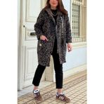 Kapşonlu Leopar Desenli Uzun Kaşe Ceket
