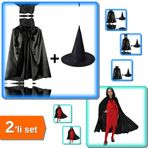 Kapşonlu Siyah Şapkalı Pelerin 90 Cm + Siyah Yakalı Pelerin ve Cadı Şapkası Çocuk Boy 2'Li Set