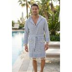 Kapşonlu Unisex Peştemal Plaj Bornozu %100 Pamuklu Seaside Stripe - 2XL - Mavi