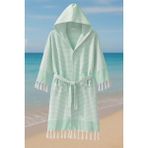 Kapşonlu Unisex Peştemal Plaj Bornozu %100 Pamuklu Seaside Stripe - Yeşil