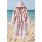 Kapşonlu Unisex Peştemal Plaj Bornozu%100 Pamuklu Seaside Stripe XL Bordo