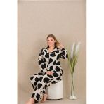 Kapsulavm Büyük Beden Siyah Beyaz Kalp Desenli Düğmeli Uzun Kol Viskon Pijama Takımı
