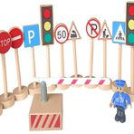 Kaptin 16 parçalı mini ahşap sokak tabelası oyun seti, trafik işareti seti, rol yapma seti, güvenlik eğitim oyuncağı, trafik kurallarını öğretmek için uygun, çocuk doğum günü hediyesi