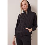Kapüşonlu Fermuarlı Sweatshirt - Siyah