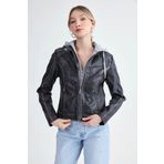 Kapüşonlu Suni Deri Crop Biker Ceket