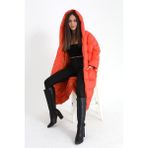 Kapüşonlu Uzun Oversize Şişme Kadın Mont - Turuncu - Standart
