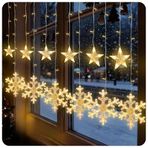 Kar Tanesi Saçak LED Perde Işık, 3 Farklı Işık Modu, 3 Metre Uzunluğunda, 126 LED’li Sarı Işık, 6 Adet Kar Tanesi 6 Adet Yıldız, Su Geçirmez, Dekorasyon Noel Yılbaşı İçin Saçak LED Yılbaşı Perde Işık