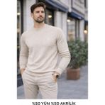 Karaca Bisiklet Yaka %50 Yün %50 Akrilik Erkek Düz Renk Triko Kazak - Taş - Krem - 2XL