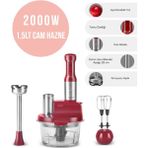 Karaca Inox Gövde Premium 2000W Turbo 1,5 Lt Cam Hazneli, 4 Kanatlı Çelik Bıçak Mutfak Robotu & Blender - Kırmızı