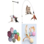 Karahanbey Tineke 4'lü Set: Ip Sarma Top, Vantuzlu Kedi Oltası, Tüylü Top ve 90 cm Olta