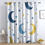Karartma perdesi, 2'li set, karikatür, çocuk desenli termal perde, yıldız ve ay tasarımlı, yatak odası ve oturma odası için, beyaz, 110 x 215 cm, halkalı iç perde, uykuyu ve mahremiyeti arttırır