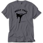 Karate Muay Thai Silhouette Gri Tişört