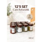 Karçiçeği Home 12'li Dekoratif Mutfak Düzenleyici Cam Baharatlık Etiketli Kavanoz Seti - 500 ml Baharat Erzak Saklama Kabı