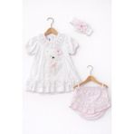 Kardeşler Bebe Dantelli Ayıcıklı Kız Bebek Elbise Takım – Saç Bantlı 3’lü Set - 3 - 6 Ay - Beyaz - Pembe