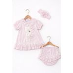Kardeşler Bebe Dantelli Ayıcıklı Kız Bebek Elbise Takım – Saç Bantlı 3’lü Set - 3 - 6 Ay - Pembe