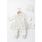 Kardeşler Bebe Dantelli Patikli Tulum Seti (Bere & Eldivenli) - Ekru - 3 - 6 Ay