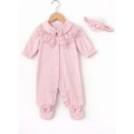 Kardeşler Bebe Fiyonk ve Dantel Detaylı Çıkarılabilir Yaka Kız Bebek Patikli Tulum + Saç Bandı - Pembe - 0 - 3 Ay