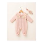 Kardeşler Bebe Fiyonk ve Dantel Detaylı Çıkarılabilir Yaka Kız Bebek Patikli Tulum + Saç Bandı